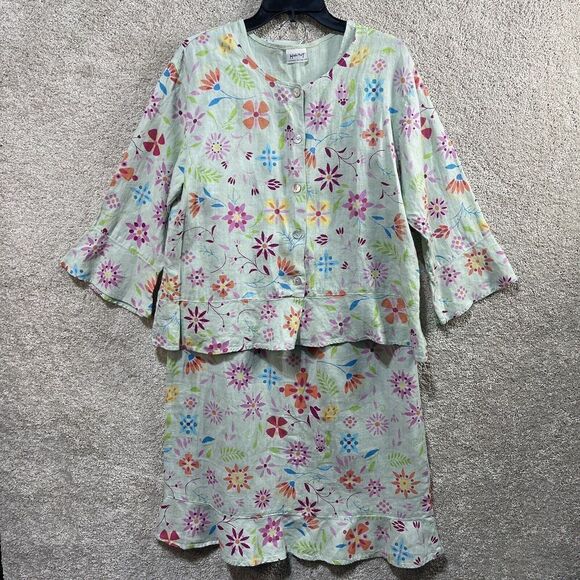Habitat 3 Piece Skirt Set Women's Small 100% Linen Mint Green Floral Maxi Blazer - Picture 1 of 12